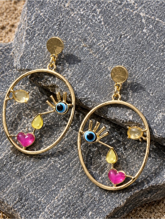 Anthropologie Jewelry - Gold-tone Face Drop Earrings with Pink, Yellow & Blue Accents